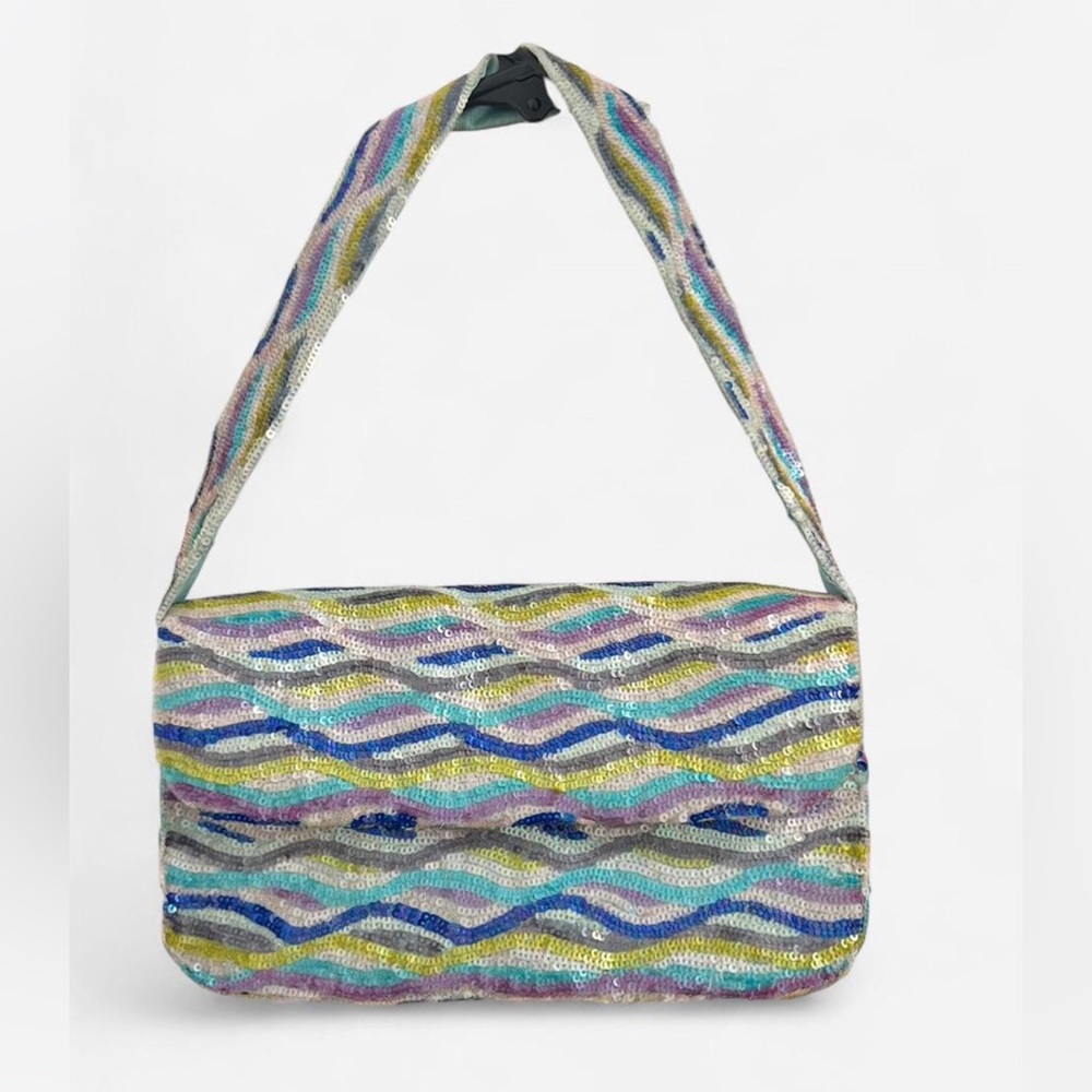 Sequin Shoulder Bag with green and blue detailing w/ 100% silk lining interior